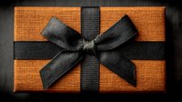 Orange gift box with black ribbon bow on dark wooden background for holiday celebrations and special occasions.