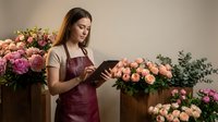 Young female florist in burgundy apron using digital tablet while arranging pink roses and peonies in modern flower shop for business management.