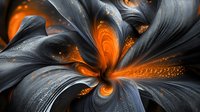 Mesmerizing abstract fractal flower in dark gray and vibrant orange colors with swirling petals and glowing center creating dramatic contrast and depth.
