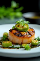 Grilled sea scallop with seared jalapeno slices and fresh herbs on white plate, drizzled with balsamic reduction sauce, elegant restaurant presentation.