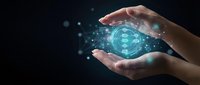 Hands holding glowing digital sphere with circuit patterns and data particles, representing technology, innovation, and digital transformation for business and AI concepts.