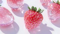 Fresh ripe strawberry with green leaves surrounded by pink crystal spheres on white background creating elegant minimalist composition for food photography.
