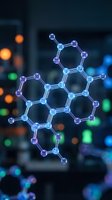 Molecular structure with glowing blue and purple atoms connected by bonds against blurred laboratory background for scientific research and chemistry education.