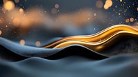 Glowing golden wave flows over dark landscape with magical bokeh lights and sparkles floating in night atmosphere. Abstract luxury background for design.