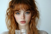 Young woman with natural red curly hair and striking blue eyes holding clear glass against light background, wearing neutral knit sweater. Soft beauty portrait.
