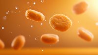 Crispy golden chicken nuggets floating in warm amber light with sparkles and particles, dramatic food photography on blurred background for restaurant menu design.