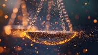 Glowing golden scales of justice with magical sparkles and bokeh lights against dark background, symbolizing law, balance and fairness in mystical atmosphere.