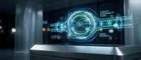 Futuristic holographic interface with glowing blue circular display and data elements floating above modern platform in dark tech environment.