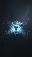 Glowing blue crystalline cube with radiating light rays on dark background, representing technology, innovation, data processing, artificial intelligence, and digital transformation concepts.