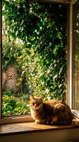 Orange tabby cat sitting on wooden windowsill with lush green ivy vines cascading outside, creating cozy indoor-outdoor living space atmosphere.