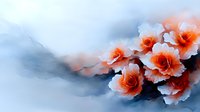 Delicate coral roses bloom against misty blue background, watercolor style artwork with soft gradient transitions and ethereal atmospheric effects.