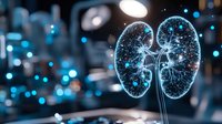 Glowing holographic kidneys with intricate neural network patterns floating in dark medical laboratory environment, futuristic medical visualization concept.