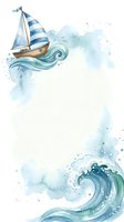Watercolor sailboat with blue striped sail navigating stylized ocean waves and water splashes, creating a nautical border frame for text or design elements.