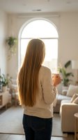 Young blonde woman holding coffee mug looking out arched window in bright modern living room with plants and natural light streaming in during morning.