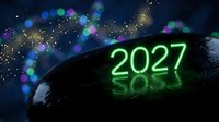 Futuristic neon green 2027 text glowing on dark surface with colorful bokeh lights and sparkles for New Year celebration and time concept backgrounds.