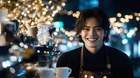 Young man with dark hair and warm smile wearing black shirt, seated at table with coffee cup against blurred nighttime cityscape with golden and blue bokeh lights, suitable for lifestyle and hospitality content.