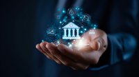 Digital banking hologram with glowing icons floating above businessman hand showing modern financial technology and online banking services for digital transformation.