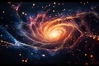 Luminous spiral galaxy with glowing orange and blue energy waves swirling through cosmic space, creating dynamic motion effect against dark background.