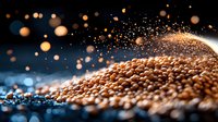 Roasted coffee beans with magical golden bokeh lights and sparkles on dark background, macro photography with shallow depth of field for food industry.