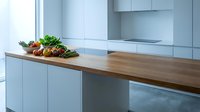 Modern minimalist kitchen island with wooden countertop and fresh vegetables in contemporary blue cabinet interior for culinary design projects.
