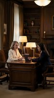 Two professional businesswomen having meeting in elegant office with wooden furniture and warm lighting for corporate communication concepts.