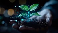 Young green plant growing in soil on palm with magical glowing sparkles and bokeh lights against dark background, representing growth and nature conservation.