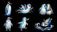 Watercolor penguin clipart set with six cute characters, isolated on transparent background. Great for stickers, t-shirt design, print on demand, and sublimation projects.