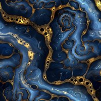 Luxurious navy blue and gold marble pattern with flowing abstract lines and glitter accents creates elegant seamless background for luxury design projects.