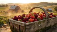 Fresh ripe strawberries in rustic wooden basket at sunset on farm with rolling hills and barn in background creating warm golden hour agricultural scene.