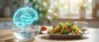 Holographic brain projection above bowl with fresh colorful salad on wooden table representing nutrition for cognitive health and mental wellness.