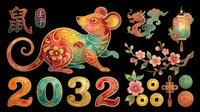 Colorful Chinese New Year rat zodiac clipart set with 2032 numerals, lantern, coins, blossoms, and lucky symbols, isolated on transparent background, ready for print on demand.