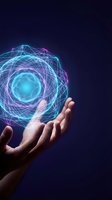 Human hand holding glowing digital sphere with neon geometric patterns on dark blue background for technology and innovation concepts.