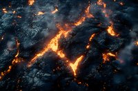 Dramatic aerial view of glowing hot lava flows breaking through dark volcanic rock, with bright orange magma streams contrasting against cooling black basalt surface.