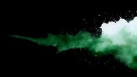 Vibrant green powder explosion on black background, dynamic motion capture of colorful dust cloud spreading horizontally with particles suspended in air.