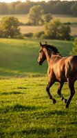 Brown horse galloping through green pasture at golden hour with rolling hills and trees in background for equestrian and countryside themes.