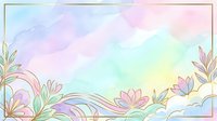 Pastel watercolor floral background with gold frame, soft rainbow hues, botanical elements, for cards, invitations, and social media.