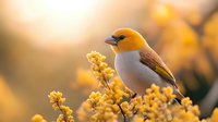 Yellow-headed finch perched on golden flowering branch against warm sunset bokeh background, creating serene natural atmosphere for wildlife and nature photography.