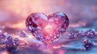 Crystal heart on shimmering surface with pink and purple bokeh background creates romantic atmosphere for Valentine's day cards and love concepts.