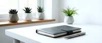 Clean minimalist workspace with closed notebooks on white desk, small potted plants on wooden shelf, bright natural lighting for productivity and organization.