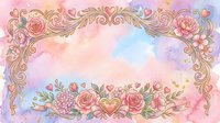 Ornate golden frame with watercolor floral arrangement featuring roses, peonies, and botanical elements on soft pastel background. Suitable for wedding invitations, greeting cards, and decorative design projects.