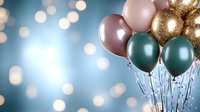 Festive balloon bouquet with pink rose gold and emerald green balloons against bokeh lights background for party celebration decoration.