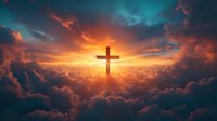 Glowing cross silhouette against dramatic sunset sky with orange sunbeams breaking through dark storm clouds, spiritual and religious background concept.