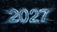 2027 glowing neon numbers with digital circuit board background and light trails, representing future technology and innovation for new year concepts.