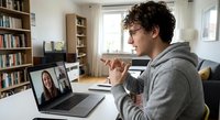 Young man with curly hair in gray hoodie having video call on laptop at home office, remote work meeting with female colleague on screen.