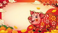 Chinese New Year pig with traditional ornaments, gold coins and festive decorations on red gradient background for holiday greeting cards and celebrations.