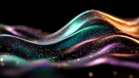 Magical flowing waves of colorful light with sparkling particles and bokeh effects on dark background create mesmerizing abstract pattern for design projects.