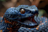 Macro shot of dark blue scaled viper snake head with open mouth showing fangs and tongue against blurred natural background, dramatic lighting highlights scales.