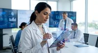 Young female doctor in white coat using digital tablet with holographic medical interface displaying data analytics in modern hospital office environment.