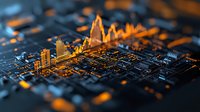 Glowing orange stock market graph rises from dark circuit board background, combining financial technology and data visualization in dramatic lighting.