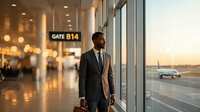 Young African American businessman in a suit standing at airport gate, holding briefcase, looking through window at runway during golden hour.